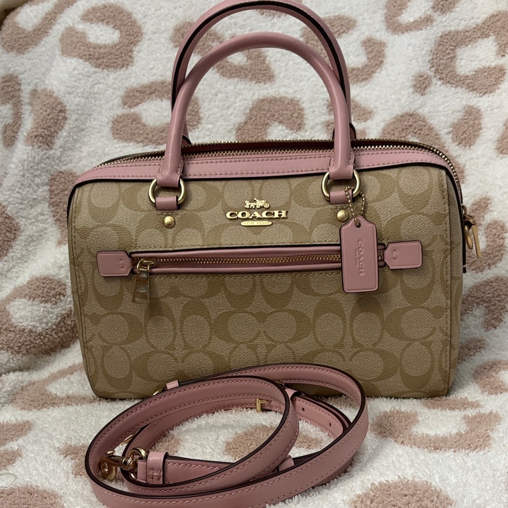 Coach Pink and Tan Rowan Satchel Bag